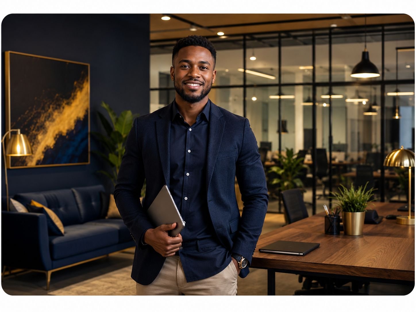 Founder of iDigital Concept standing confidently in a modern office with a tablet, representing professional digital marketing leadership and business growth strategy.